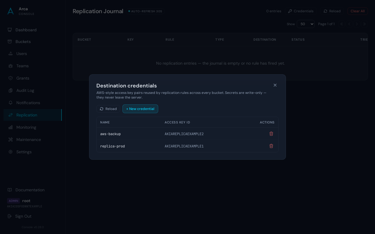 Destination credentials modal